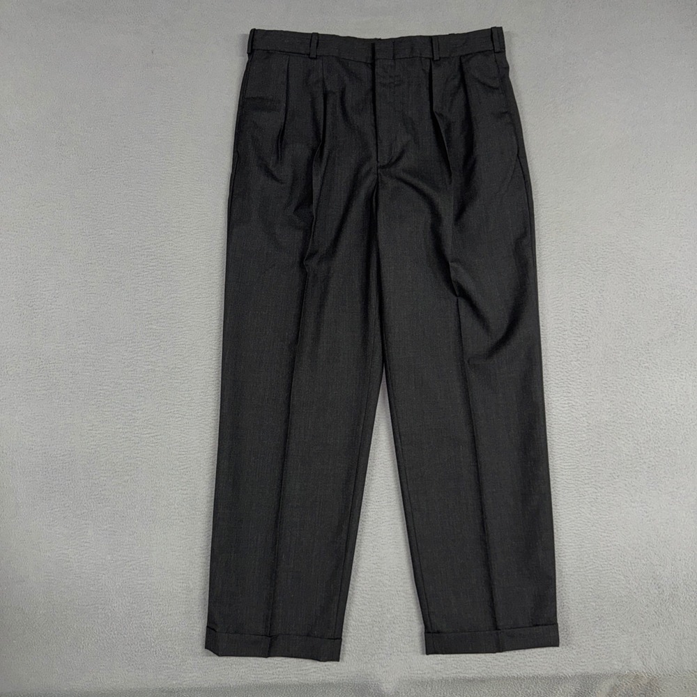 Lands End Pants Mens 36 Gray Straight Pleated Wool Cuffed Classic Trousers Dress